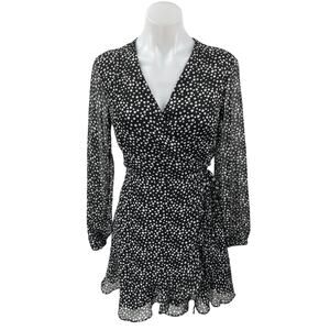 All In Favor Black White Polka Dot Long Sleeve Ruffle Mini Wrap A-line Dress S